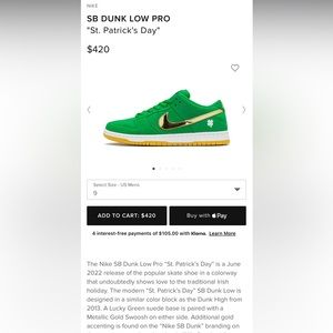 Brand new limited edition green St. Patrick’s Day Nike SB dunk low pro.